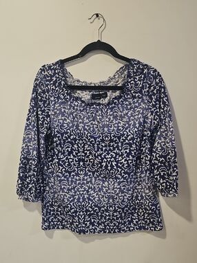 Basic Editions Navy and White Floral Scroll Scoop Neck Top